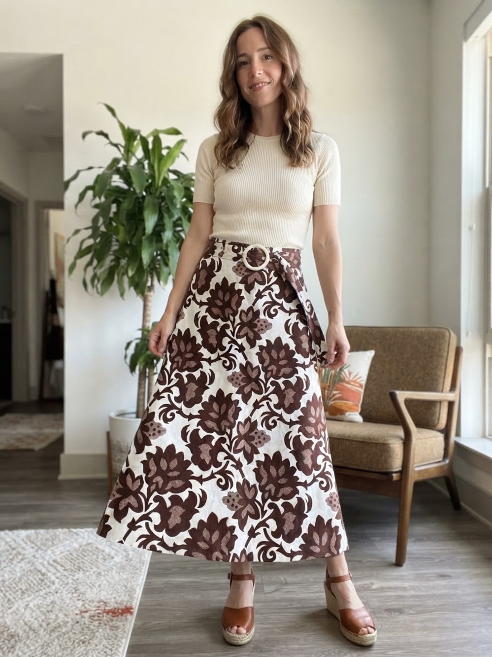 Vintage 70s Barle Picard Brown White Floral Polyester Maxi Skirt with Belt Retro